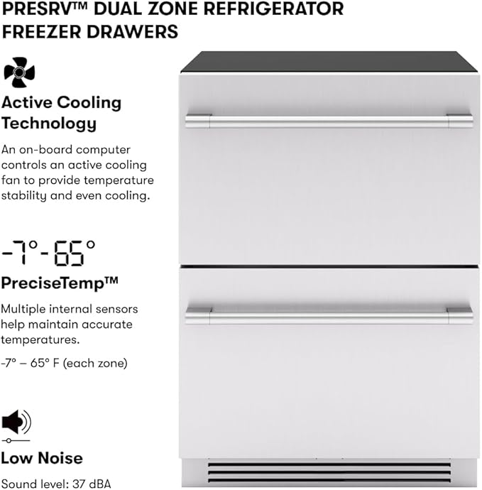 Zephyr 24" Presrv™ Dual Zone Refrigerator Freezer Drawers - Built In Fridge with Modes for Freezer, Fridge and Pantry, Convertible -7° – 65° F (each zone), LED Lighting, Soft Close, PRRFD24C2AS