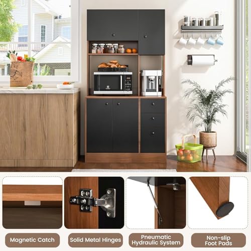 Nightcore Kitchen Pantry Storage Cabinet, 71" Freestanding Pantry with 3 Deep Drawers, Adjustable Shelves, Kitchen Hutch with Microwave Countertop for Dining Room, Living Room (Walnut & Black)