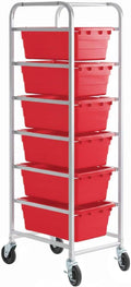 19"x26"x69" Mobile Aluminum Lug Rack with 6 Red Meat Lugs/Tote Boxes - NSF Heavy-Duty Commercial Portable Storage Cart with 5" Casters, 400 lb., Food Prep and Dishroom Durable Utility Rack