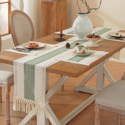 Niviy Sage Green Table Runner 120 Inches Long with Tassels, Seasonal Spring Summer Washable Embroidered Striped Braided Green and Beige Boho Table Runners for Holiday Party 12 x 120 Inches
