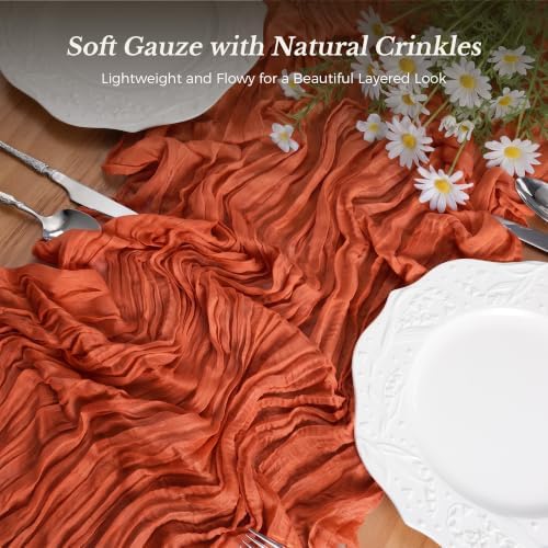 Goodluck Fall Table Runner, 10 Pack 10FT Terracotta Cheesecloth Table Runner 35x120 Inch Burnt Orange Boho Gauze Table Runner for Thanksgiving Autumn Fall Wedding Baby Shower Home KitchenTable Decor