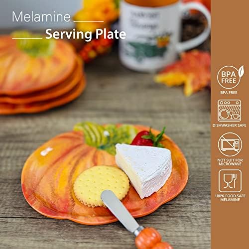 UP Pumpkin-Shaped Melamine Plates - Fall Harvest Theme, BPA-Free, Dishwasher Safe, for Appetizers, Dessert, Snacks, and Thanksgiving, Orange, 7.875 x 7 Inch, Set of 4