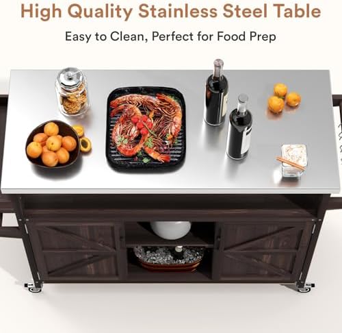 Zevemomo Outdoor Grill Cart with Storage, Lockable Casters, Brown
