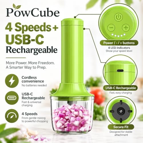 Cordless Hand Mixer, 4-in-1 Handheld Electric Mixer with Electric Whisk Frother & 10 oz Mini Food Chopper, USB-C Rechargeable 4-Speed Hand Mixer for Eggs, Cream, Coffee & Small-Batch Prep