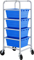 19"x26"x53" Mobile Aluminum Lug Rack with 4 Blue Tote Boxes – NSF Heavy-Duty Commercial Storage Cart with 5" Swivel Casters, Portable Food Prep & Dishroom Utility Rack – Freezer Safe, 4 Lug Capacity