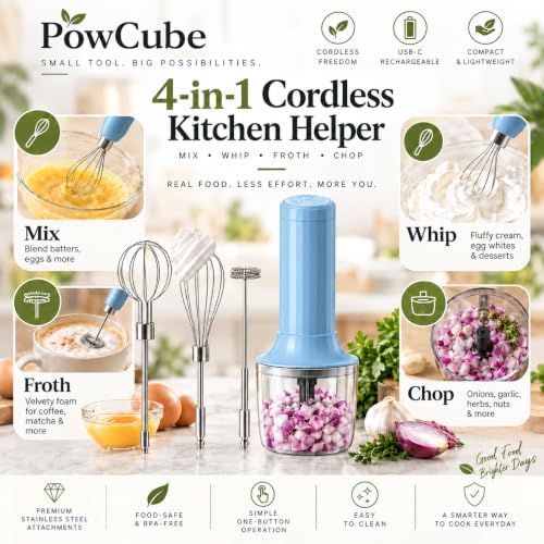 Cordless Hand Mixer, 4-in-1 Handheld Electric Mixer with Electric Whisk Frother & 10 oz Mini Food Chopper, USB-C Rechargeable 4-Speed Hand Mixer for Eggs, Cream, Coffee & Small-Batch Prep