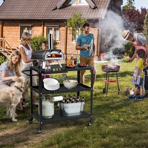 Grill Cart Table Indoor & Outdoor with 4 Lockable Casters, Hooks & Side Handle, Multifunctional Pizza Oven Stand for Patio Kitchen