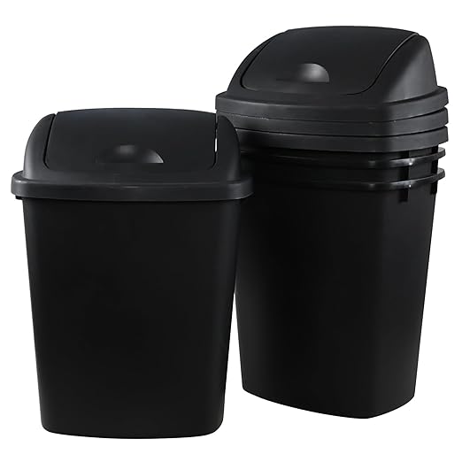 Plastic Trash Can, Rectangular Commercial Office Wastebasket, 7 Gallon (Pack of 4), Black