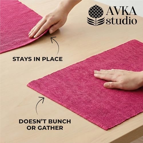 100% Cotton Ribbed Placemats - Set of 6-13 x 19 Inches - Fuchsia/Bright Pink - Everyday Basic Fabric Table Mats - Thick Construction, Washable Cloth Place Mats - by AVKA Studio