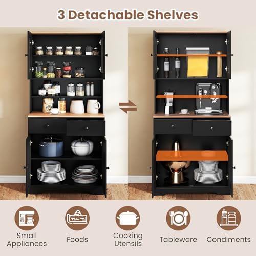 Tall Kitchen Pantry Cabinet, Freestanding Hutch Cabinet with 2 Adjustable Shelves, 2 Glass Doors & 3 Pull-Out Drawers, Wooden Buffet Hutch with Wine Rack, Countertop for Dining Room (Black)