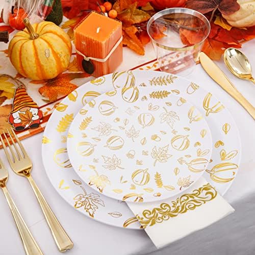 LIYH Gold Fall 175 Pcs Heavy Duty Plastic Thanksgiving Plates 25 Guests