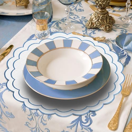 Set of 8 Cotton Linen Placemats, 15x15 Scalloped Flower Embroidery Cloth Table Mats Double Layered Fabric Machine Washable Wrinkle Free Dining Placemat for Restaurant Kitchen Decor, White with Blue