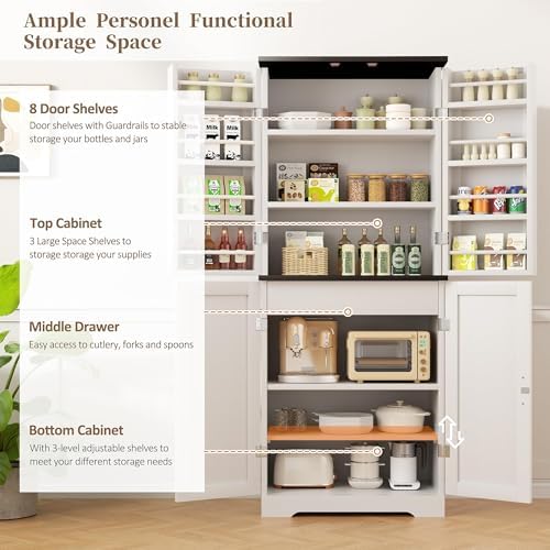 Shintenchi Kitchen Pantry Cabinet, Farmhouse Tall Cupboard Storage, White