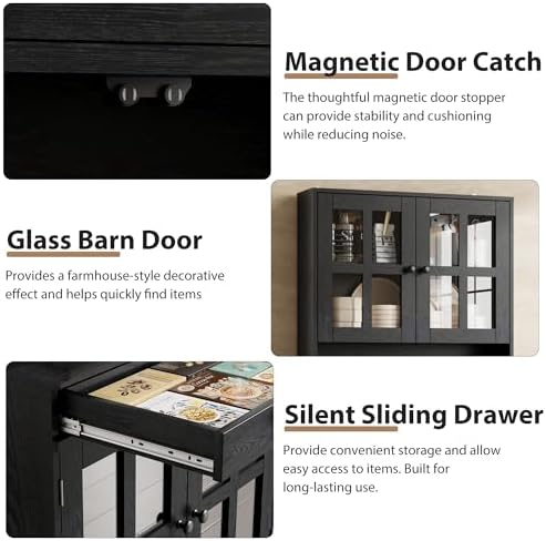 Garvee 72 Inch Kitchen Pantry Cabinet with Glass Doors, Drawer and Adjustable Shelves, Farmhouse Tall Storage Cabinet with Open Countertop, Coffee Bar Cabinet for Coffee Corner, Black