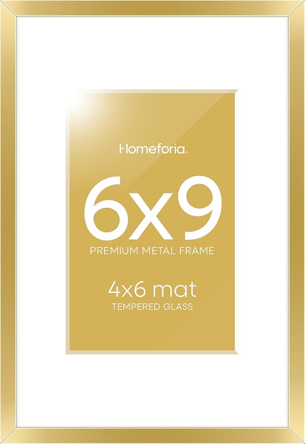 Homeforia 6x9 Picture Frame Gold, High End Metal 6 x 9 Frames with Mat 4 by 6 for Print, Photo Frame 6x9 Gold Matted to 4x6 inches Art, 6by9 Wall or Tabletop Frames, Tempered Glass, Wall Kit, Set of 1