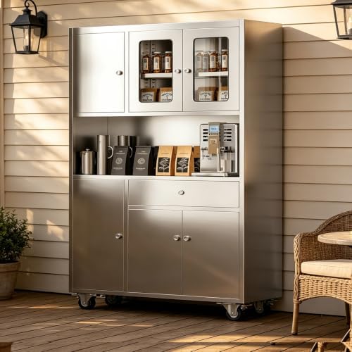 Stainless Steel Kitchen Pantry Cabinet with Drawer and Adjustable Shelves