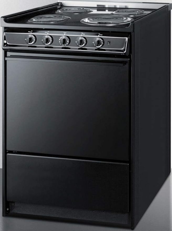 Summit Appliance TEM610CR 24" Wide Slide-in Electric Range in Black with Lower Storage Compartment, Indicator Lights, Broiler Pan, Chrome Drip Pans, Recessed Oven Door, Push-to-turn Burner Knobs