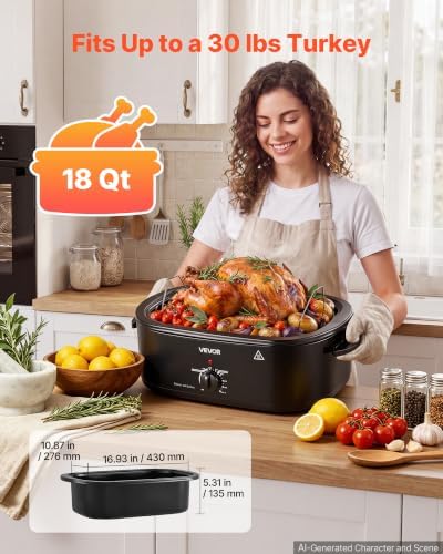 VEVOR Electric Roaster Oven, 18 Qt, Turkey Roasting Pan, Black, Metal Lid