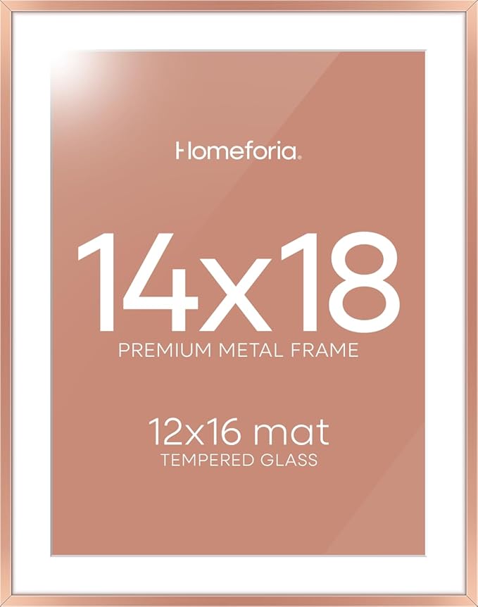 Homeforia 14x18 Picture Frame Rose Gold, High End Metal 14x18 Poster Frames with Mat 12x16 Photo, 14 x 18 Rose Gold Frame Matted to 12 by 16 Print, 18x14 Thin Frame, Tempered Glass, Wall Kit, Set of 1