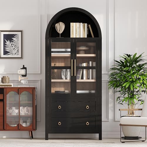 Ball & Cast Arched Kitchen Pantry Cabinet with Glass Door&2 Large Drawers,Modern Farmhouse Kitchen Storage Cabinets W/Adjustable Shelves,Wood Versatile Cupboard for Kitchens,Dining Room,Black,71" Tall