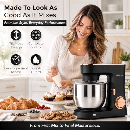 KOCHSTELLE Black Electric Stand Mixer 6.8 Quart Qt, 660W, 6-Speed Adjustable, Stainless Steel Planetary, Portable, Compact & Elegant Kitchen Mixer for Baking & Cooking
