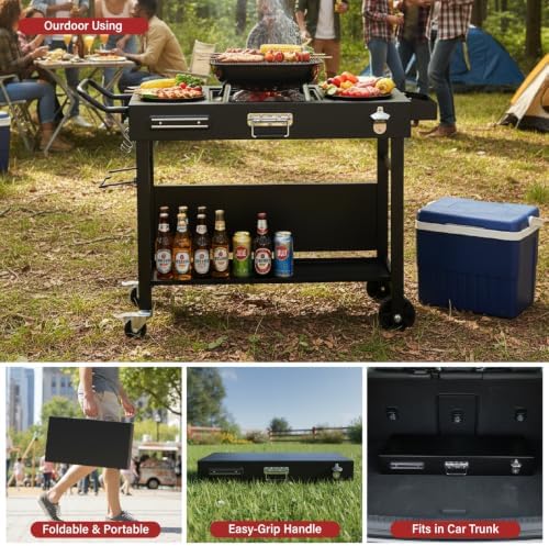 Portable Outdoor Grill Table Cart with Wheels, Foldable BBQ Prep Station, Rolling Food Prep Table with Bottle Opener, Seasoning Tray, Trash Bag Holder, Lower Shelf, Black