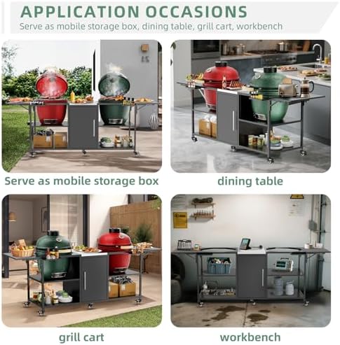 KEIKI Outdoor Grill Cart for Two Big Green Egg, Multi-Functional Movable BBQ Cart, Metal Grill Table Compatible with Large Big Green Egg, Kamado Joe 18 Inch,and Other Similar Models