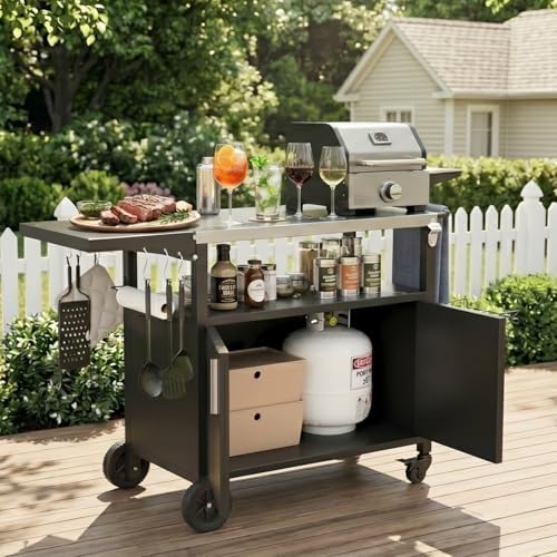 Vongrasig Outdoor Grill Cart, Patio Kitchen Island with Storage, Outdoor Bar Table BBQ Cart Pizza Oven Table with Foldable Stainless Steel Top & Wheels, Black