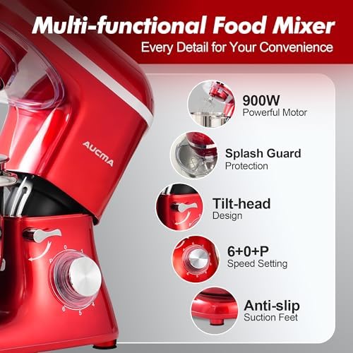 Aucma Stand Mixer, 8QT 900W 6-Speed Tilt-Head Food Mixer, Kitchen Electric Mixer with Dough Hook, Wire Whip & Beater (Red, 8QT)