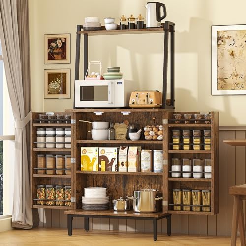 kepptory 51" Kitchen Baker's Rack with Storage, Microwave & Toaster Oven Stand, Freestanding Coffee Bar Station with Wine Glass Holder & Side Storage Shelves, Brown