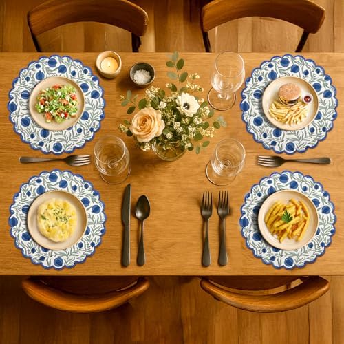 Ridhi Floral Block Print Round Placemats 15 Inch, Set of 4, Queen Blue