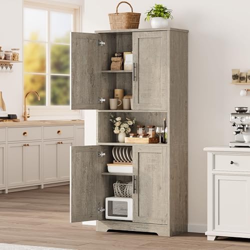 70" Kitchen Pantry Storage Cabinet, Freestanding Buffet Cabinet with Microwave Stand & 4 Door Shelves, Kitchen Hutch with Doors, Adjustable Shelves and Wine Rack,Grey.