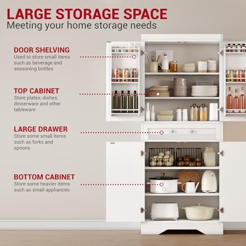 72'' Pantry Cabinet, Farmhouse Kitchen Storage Cabinet with Drawers, Adjustable Shelves, Door Shelves, Tall Kitchen Pantry for Dining Room, White