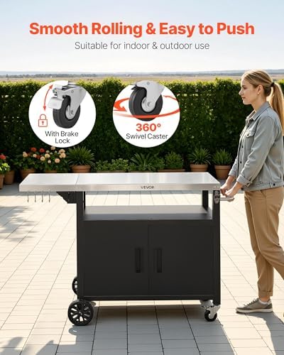 VEVOR Outdoor Grill Cart with Storage Cabinet, 48.9 Inch Grill Table, Waterproof Kitchen Island with Stainless Steel Top, Shelf, and Wheels, Movable Food Prep Station for Patio Bar Backyard BBQ