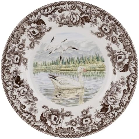 Spode Woodland Snow Goose Dinner Plate - 10.5 Inch Fine Earthenware with British Flowers Border, Microwave, Freezer, Dishwasher & Warm Oven Safe - Hunting-Themed Thanksgiving Plate, Made in England