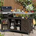 Merax 50" Outdoor Kitchen Grill Cart Island on Wheels with Stainless Steel Top,Farmhouse Style Solid Wood Frame Storage Cabinet for Party