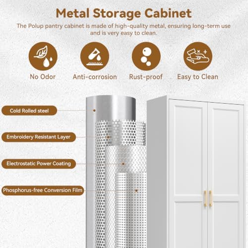 Polup 71" White Metal Kitchen Pantry Storage Cabinet with Doors and Shelves