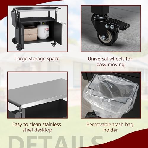 Vongrasig Outdoor Grill Cart, Patio Kitchen Island with Storage, Outdoor Bar Table BBQ Cart Pizza Oven Table with Foldable Stainless Steel Top & Wheels, Black
