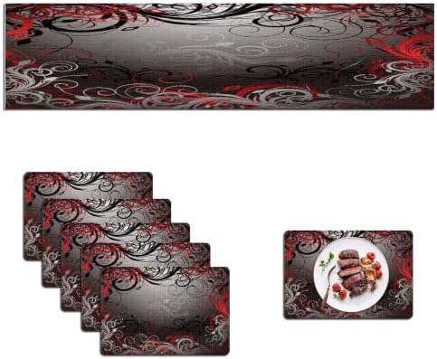 Mcalk Table Runner and Placemats Set of 6 Pieces,Mystic Gray Leaf Placemat,Cloth Place Mats Red Indoor for Kitchen,Washable Placemats Floral Print Linen Material for Dining Table