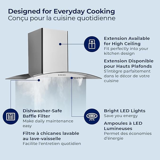 Hauslane Wall Mount Range Hood 30 Inch | European Canopy Design with Tempered Glass & Stainless Steel | 3-Speed, Dishwasher-Safe Filters | Ducted or Ductless with Charcoal Filters,WM-600