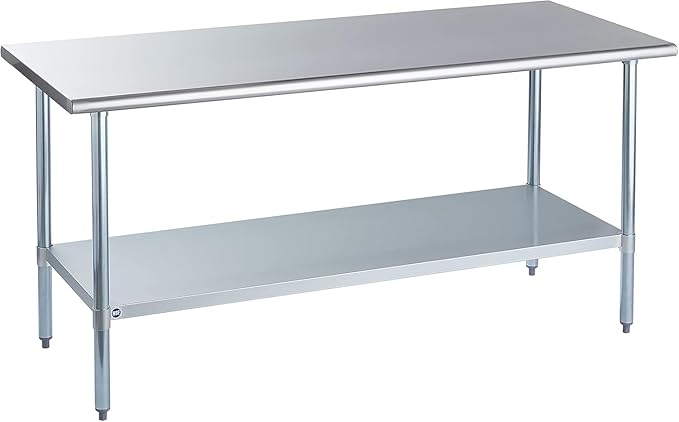 ROCKPOINT Stainless Steel Table for Prep & Work 30x72 Inches, NSF Metal Commercial Kitchen Heavy Duty Table with Adjustable Under Shelf and Table Foot for Restaurant, Home and Hotel, Silver