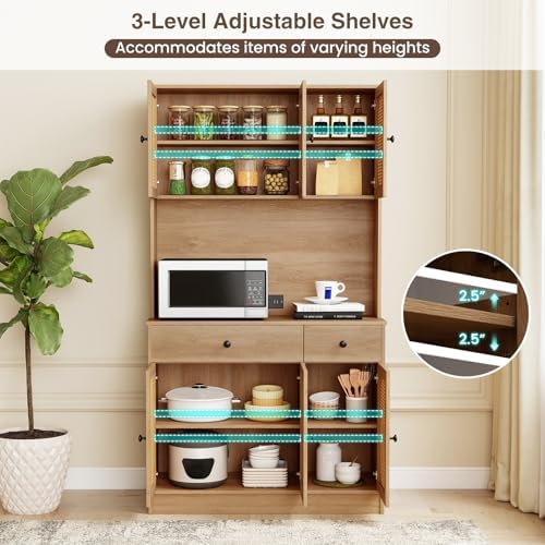 Giantex Kitchen Hutch, 71" Tall Boho Pantry Cabinet w/Charging Station, Microwave Countertop, 6 PE Rattan Door, 2 Drawer, 4 Adjustable Shelf, Freestanding Buffet Sideboard for Dining Room (Natural)