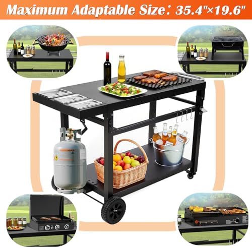 Black Cast Iron 2-Shelf Grill Cart with Wheels,Heavy Duty Pizza Oven Stand for Blackstone Ninja,Outdoor Cooking Station with Durable Tabletop