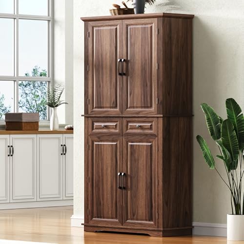Merax 71" Tall Farmhouse Pantry Cabinet with Pull-Out Shelves, Brown
