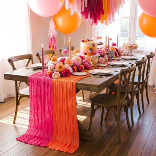 3 Pcs Hot Pink and Orange Cheesecloth Table Runners 118"
