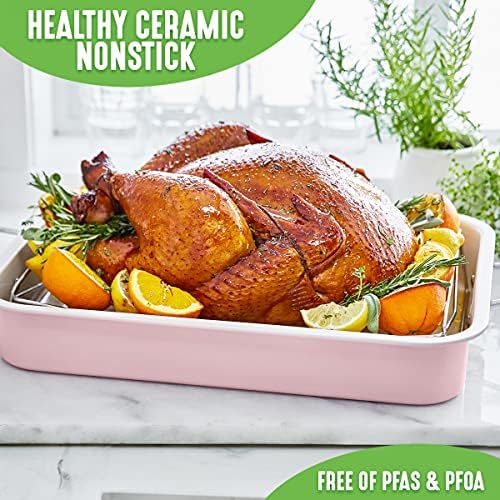 GreenLife 16.5” x 12” Healthy Ceramic Nonstick Roasting Pan with Stainless Steel Roaster Rack, PFAS-Free, PFOA-Free, Dishwasher Safe, Oven Safe, Easy Pouring Rims, Soft Pink