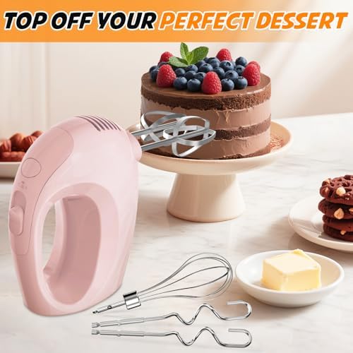 Showvigor Electric Hand Mixer with 5 Stainless Steel Whisks,5 Speed,Pink