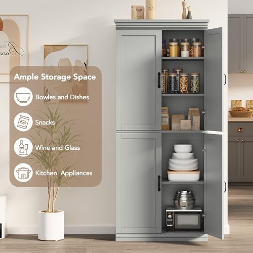 70 Inch Tall Pantry Cabinet, Wood Kitchen Storage Cabinet with 4 Doors & Adjustable Shelves, Modern White Pantry Organizer Cupboard for Dining Room, Living Room