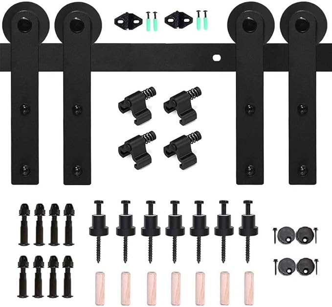 CCJH 5.5FT Sliding Barn Door Hardware Kit, Heavy Duty, Smoothly and Quietly, Easy to Install, Fit 16.5" Width Double Door Panel, Flat Style Black