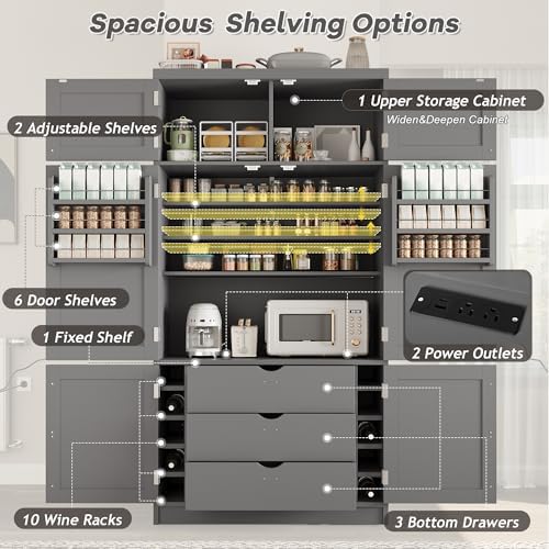 Ball & Cast 80″Tall Freestanding Kitchen Pantry Cabinet with 2 Power Outlets & 3 Large Drawers,41" W Versatile Farmhouse Pantry Storage Cabinet w/Adjustable Shelves and Door Shelves,for Kitchen, Grey